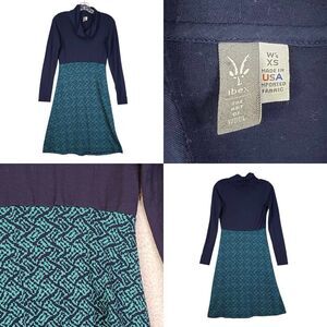 Ibex Dress Blue Green Womens Size XS Printed Long Sleeve Merino Wool Cowl Neck